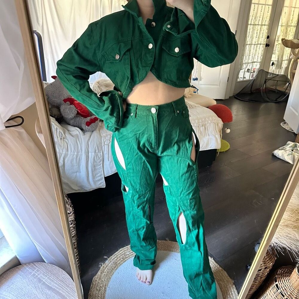 Maniere De Voir Women’s 6 Green Carpenter Cropped Jacket Cutout Boyfriend Jeans